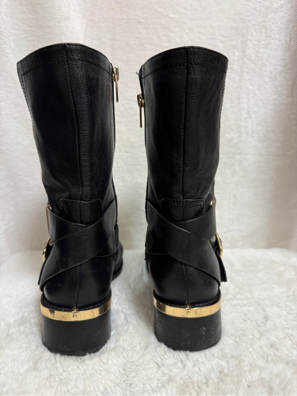 Vince Camuto Black Leather Mid-Calf Buckle Heeled Boots - Picture 6 of 8